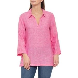 Sigrid Olsen Pink Tunic Blouse Henley Linen V Neck Casual Lightweight Size Small